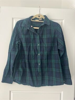 L.L. Bean Green & Navy Plaid Cotton Button-Up Shirt